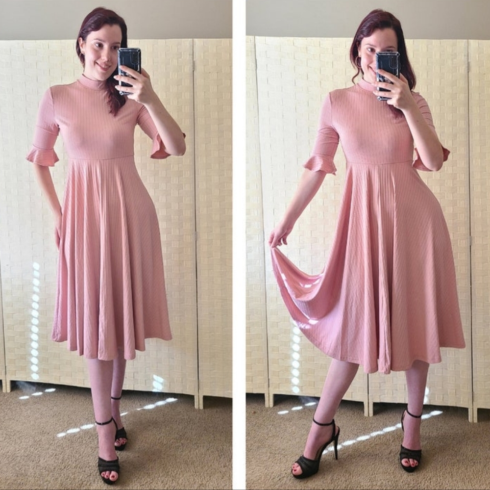 Dusty Rose Pink Turtleneck Swing Dress Long Elbow Sleeve A-Line Knee Length S